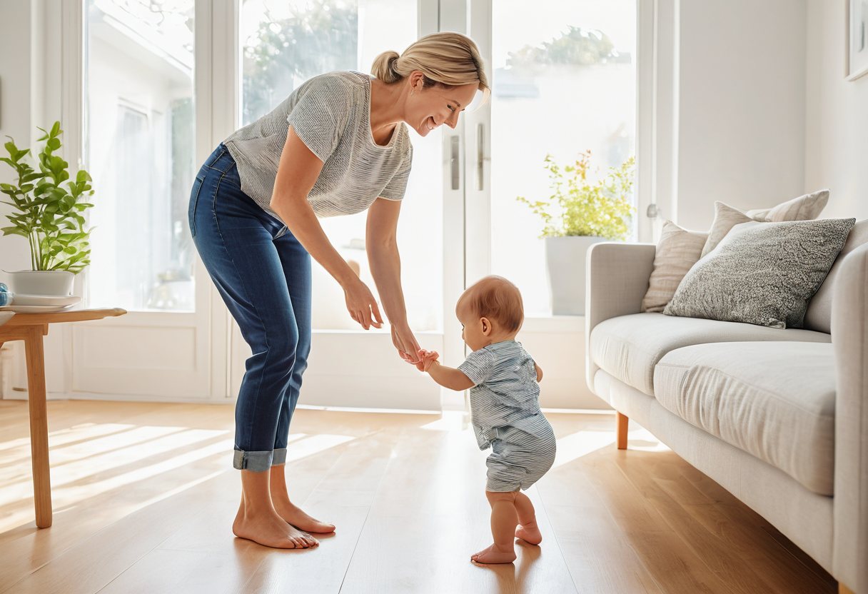 Bé 11 tháng tuổi đứng vững và tập đi an toàn dưới sự giám sát của phụ huynh