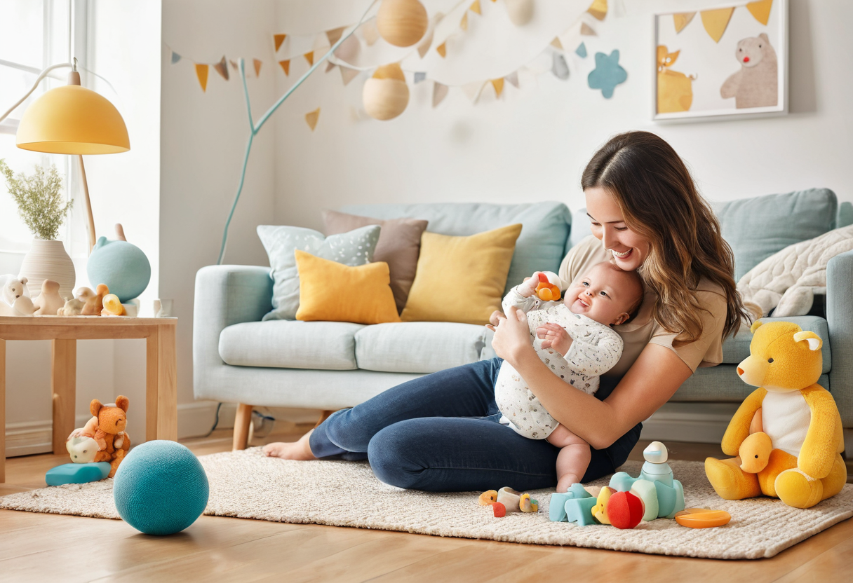 Bé 3 tháng tuổi cười và tập nằm sấp (tummy time) để phát triển trí não.